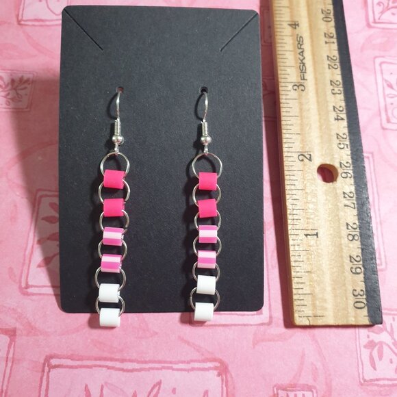 Pink White Chain Link Dangle Earrings Plastic Beads Team Girl Baby Reveal Hooks - Picture 2 of 4